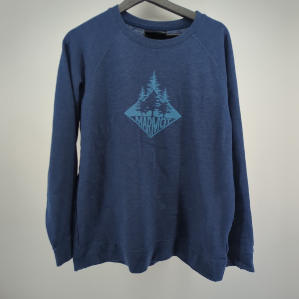 Marmot Sweater Men's Large Blue Trees Pullover Sweatshirt Crew Neck Outdoors
